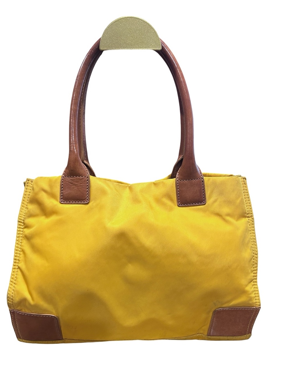 Tory Burch Ella Yellow Nylon Tote with Brown Leather Trim and Logo - Picture 6 of 8